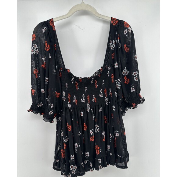 Free People Tops - Free People Peasant Boho Floral Shirt Large Tunic Smocked Cld shoulder Sheer